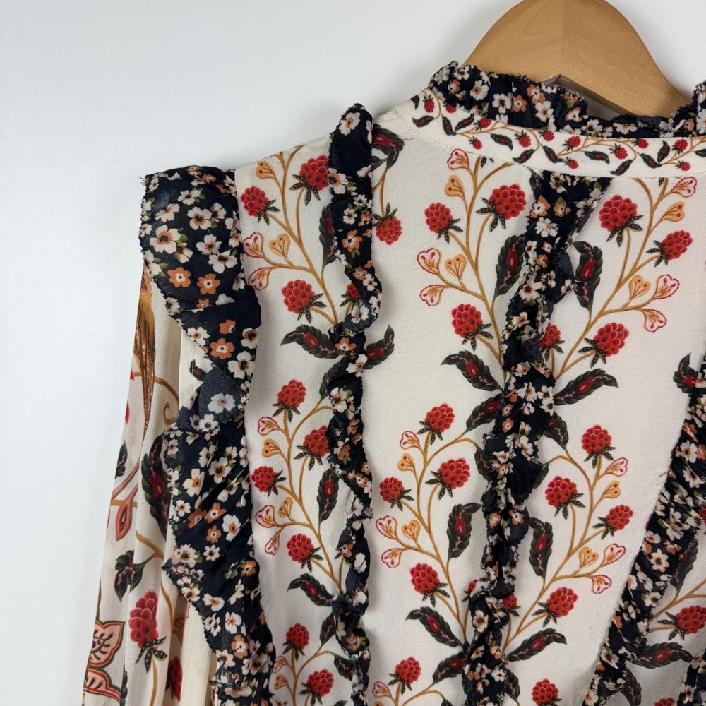 Farm Rio Ruffled Mock Neck Mini Dress Small Berry Garden Botanical Floral Tiered - Picture 6 of 16